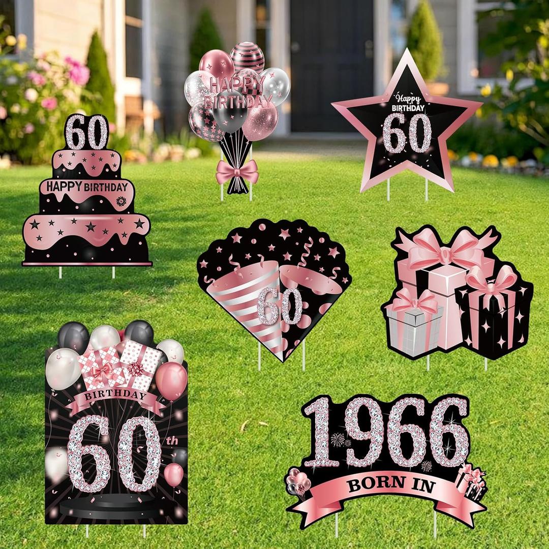 7 PCS Happy 60th Birthday Yard Signs, Birthday Outdoor Decorations for Men and Women, Made in 1966 Lawn Sign, Black Gold Sixty Year Old Birthday Yard Decor with Stakes(BlackPink)