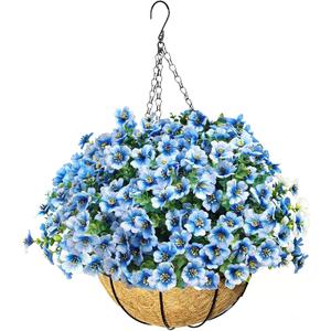 Artificial Hanging Flowers for Outdoors with Basket,UV Resistant Realistic Faux Hanging Plants Outdoor Artificial Flowers for Outdoors Basket for Yard Porch Patio,12 Bundles(Blue White)