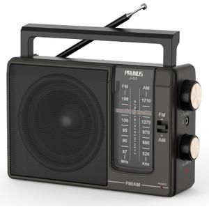 PRUNUS J03 AM FM Radio Portable Plug in Wall or AA Battery Operated for Home/Outdoor, Large Speaker Excellent Sound and Reception, Large Tuning Knobs, Gifts for Seniors, No,Internet Radio/Shower Radio