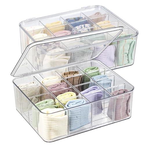 ZEXALOR Plastic Clear Storage Containers, Set of 2, Sock Organizer Divided Boxes with Lids, Underwear Drawer Organizer, Tie Dresser Organizer (11.8×9.4×3.9")