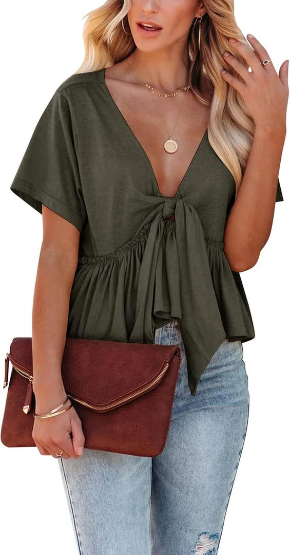 Fanway&EC Women's Short Sleeve V Neck Blouses Ruffle Hem Tie Front Crop Tops Lightweight Basic Summer Tops, XX-Large