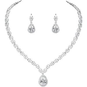WeimanJewelry White Gold/Gold Plated Women Cubic Zirconia CZ Marquise Teardrop Bridal Tennis Necklace and Drop Earring Set for Wedding Brides