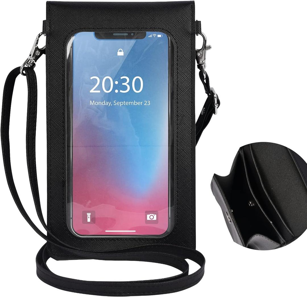 Ansxiy Black Leather Phone Purse with Clear Window, 6.7" Touchscreen Compatibility, Magnetic Closure & Waterproof - Crossbody Wallet Case with Shoulder Strap
