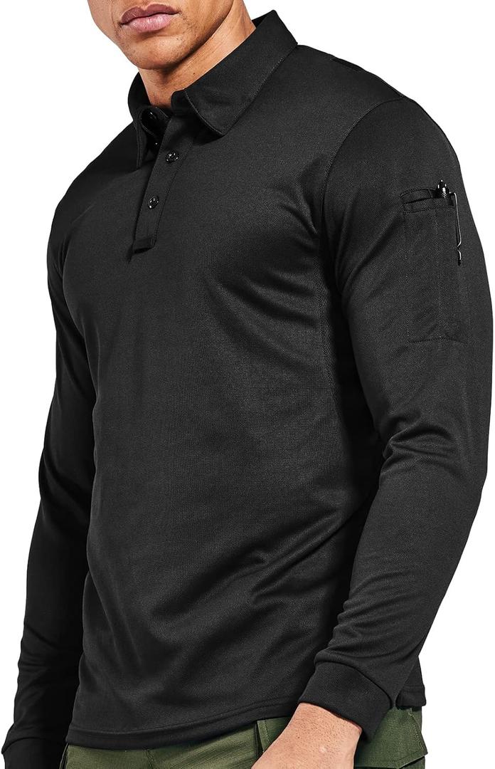 MIER Men's Outdoor Performance Tactical Polo Shirts Short and Long Sleeve, Moisture-Wicking (Black, L)