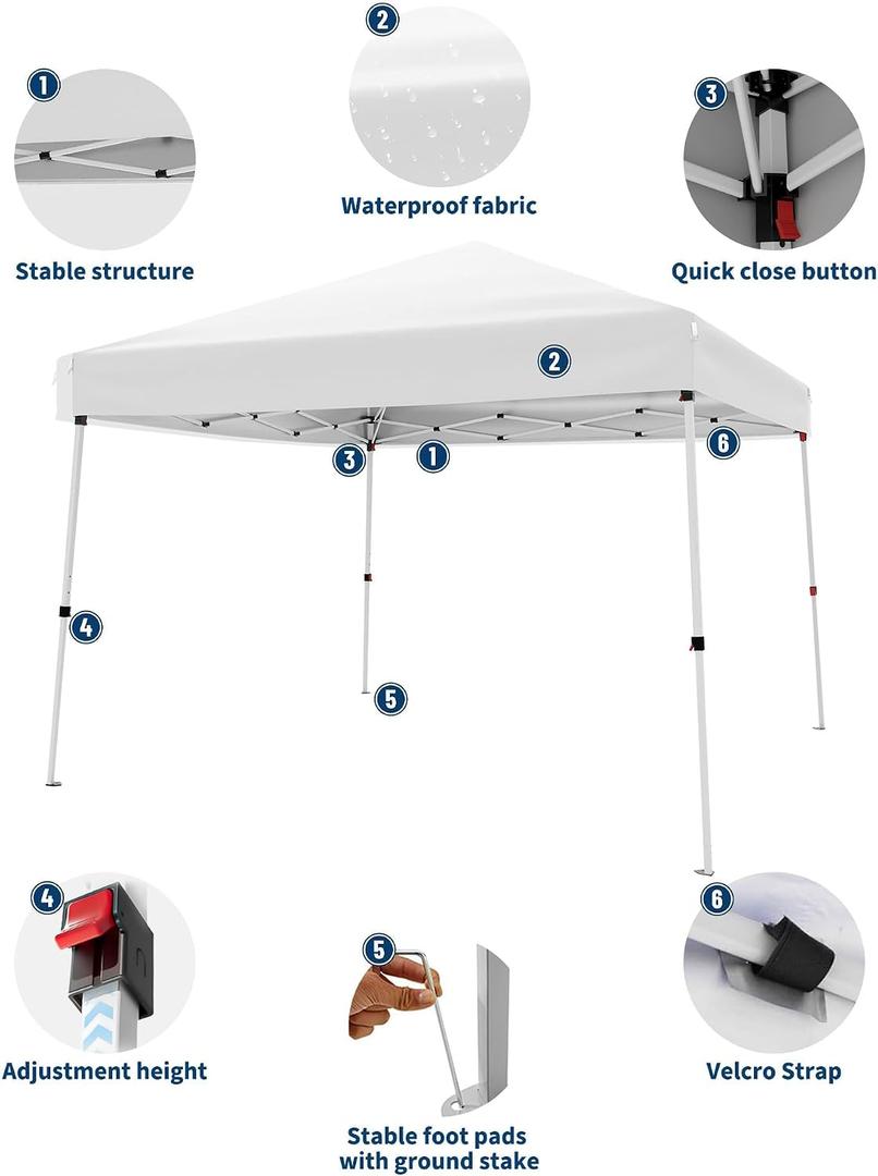10x10 Pop Up Canopy Tent, Heavy Duty Commercial Outdoor Shelter with Easy One-Person Setup, Instant Slant Leg Tent with No Sidewalls, White