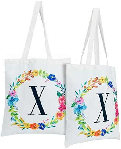 Okuna Outpost Set of 2 Reusable Monogram Letter X Personalized Canvas Tote Bags for Women, Floral Design (29 Inches)