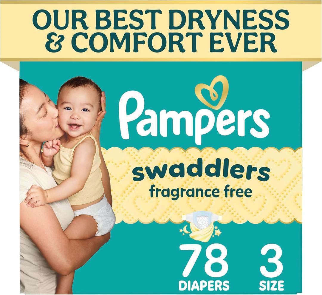 Pampers Swaddlers Diapers, Size 3 (13-26 lbs), 78 Count, Fragrance Free, Hypoallergenic, Absorbent, Pediatrician Recommended, Skin Safe