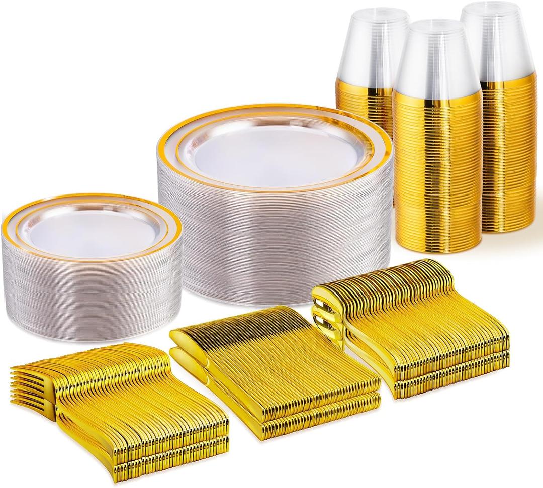WELLIFE 300 PCS Clear Gold Dinnerware Set for 50 Guests, Clear and Gold Plastic Plates for Party, 50 Dinner Plates, 50 Salad Plates, 50 Cups Forks Knives Spoons for Wedding and Party Supplies