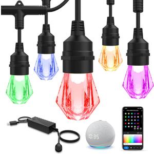 XMCOSY+ Smart Outdoor String Lights - 64ft RGBCWIC Patio Lights with 24 Color Changing Bulbs, LED String Light for Outside Backyard Bistro Party, APP WiFi Control, Work with Alexa, IP65 Waterproof (64Ft)
