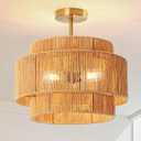16" Boho Rattan Woven Semi Flush Ceiling Light Fixture, 16-inch Three-Tier Vertical Stripes