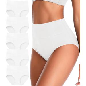 ASIMOON Tummy Control High Waisted Underwear for Women Cotton Plus Size Full Coverage Panties Ladies Briefs 3X-Large, White-5 Pack