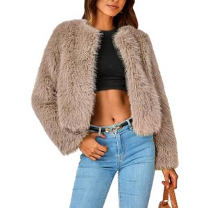 PRETTYGARDEN Women's 2026 Winter Coats Fleece Cropped Jacket Faux Fur Long Sleeve Pockets Shaggy Warm Outerwear Fall Clothes (Medium, Khaki)