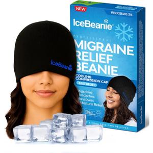 IceBeanie Migraine Relief Cap, As Seen on Shark Tank, Soft & Stretchy Gel Tension Headache Relief Cap, Extended Cooling Hangover Ice Hat, Odorless Cold Head Ice Pack Wrap, Headache Hat Migraine Mask (Black)