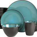 Gibson Elite Soho Lounge 16-Piece Round Reactive Glaze Stoneware Dinnerware Set, Service for 4 Teal Plates and Bowls