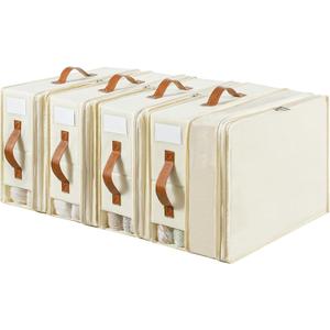 Bed Sheet Organizers and Storage, 4 Pack Linen Closet Organizers with Adjustable Zipper, Foldable Bedding Storage for Queen or King Size Bedsheets, Duvet Covers and Pillows (Plus Zipper White)