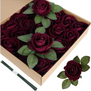 Burgundy Artificial Flowers Velvet Roses 25 PCS Real Look Silk Flowers with Stems for DIY Wedding Party Baby Shower Home Decoration(Burgundy)