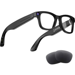 AI Smart Glasses with Camera, 8MP HD Bluetooth Camera Glasses, 1080P Video Recording Sunglasses, Real Time Translation, Voice Assistant, Open-Ear Audio for Travel, Meetings & Vlogging, Black