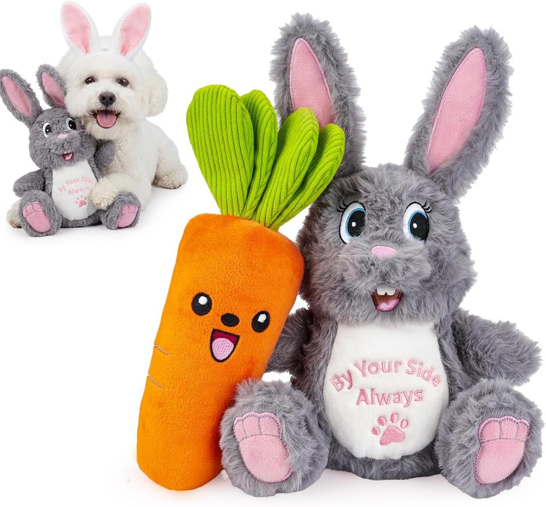 Bunny & Carrot Squeaky Dog Toy 2-Pack, Stuffed Crinkle Plush Toys for Small Dogs and Puppies, Gentle Chewer Indoor Play