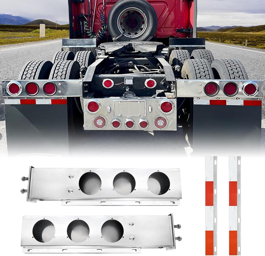 Grandroad Auto 30" Stainless Steel Mud Flap Hanger Set for Semi Trucks, Spring Loaded Mud Flap Light Bar with 2.5" Bolt Space 4" Light Cutouts, Straight Style Tail Light Box