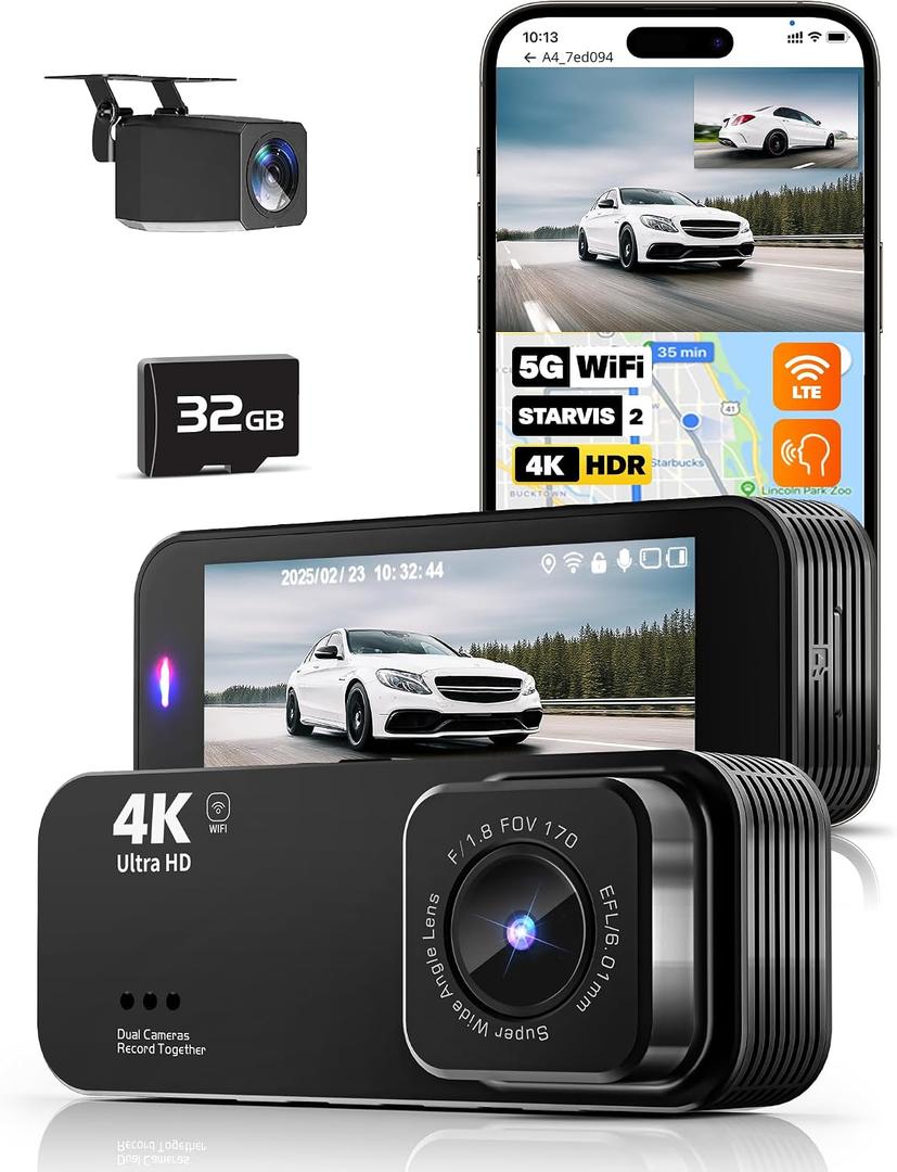 Dash Camera for Cars, 4K Dash Cam Front and Rear with 5G WiFi, Free Card Included, Loop Recording, Night Vision, 170Wide Angle, G-Sensor, 24H Parking Mode