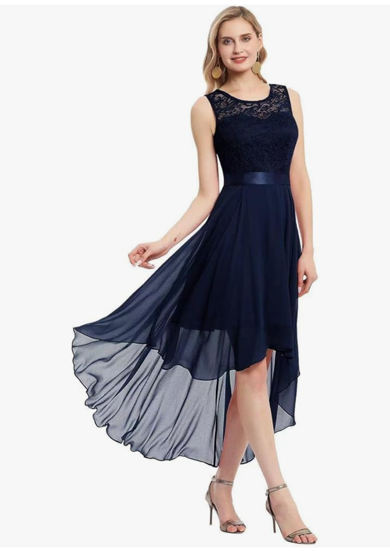 Women Floral Lace High Waist Prom Evening Hi-Lo Swallowtail Swing Bridesmaid Cocktail Dresses, Size S