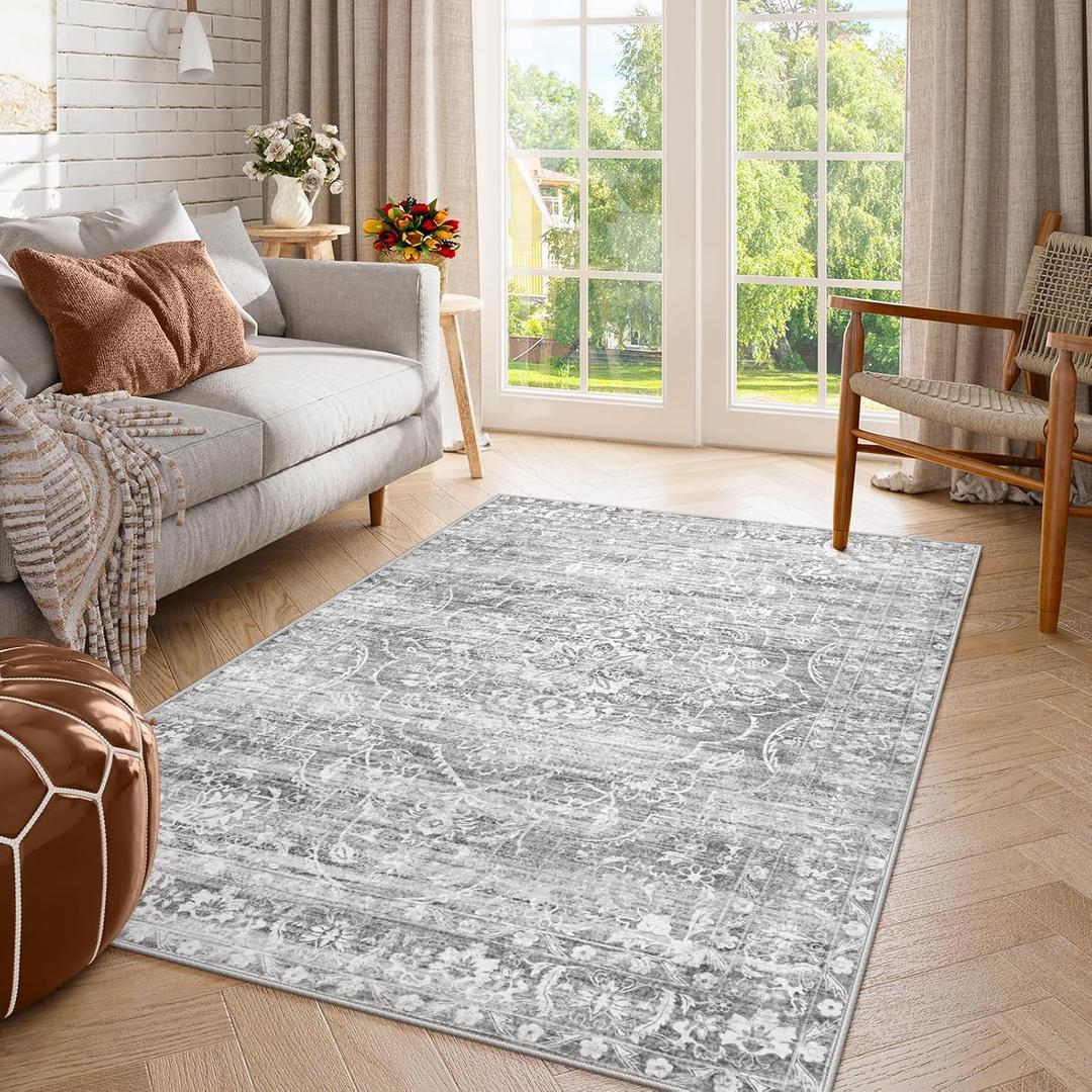 Lahome Machine Washable Area Rugs - Grey Dorm Room Rug 4'x6' Rug Non-Slip Soft Room Rugs for Bedroom Ultra-Thin, Neutral Boho Print Stain Resistant Rug for Laundry Room Entryway Office (Grey, 4'x6')