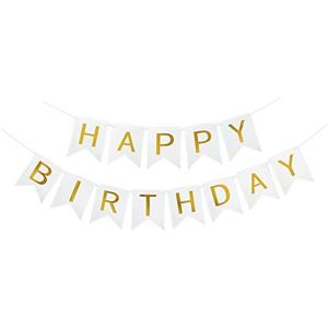 Happy Birthday Banner With Shiny Gold Letters, Swallowtail Design Hanging Signs Party Decorations (White)