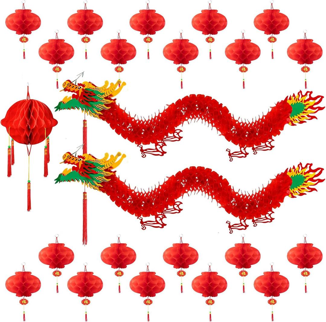 23Pcs Chinese New Year Decorations 2026 with 2 3D Dragon Decorations and 1 Red Ball and 20 Chinese New Year Plastic Lanterns for Chinese Spring Festival Party Decorations