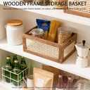 Wooden Storage Basket with Handle & Bamboo Woven Panel | Woven rattan organizer box, boho decorative, 11.81×7.87×5.51in, pantry, shelf, kitchen, closet, countertop, bathroom storage