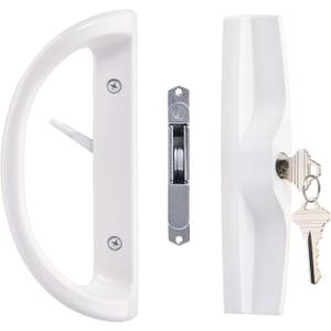 Sliding Patio Door Handle Set with Key Cylinder and Mortise Lock, Full Replacement Handle Lock Set Fits Door Thickness from 1-1/2" to 1-3/4", 3-15/16 Screw Hole Spacing, Reversible Design(Non-Handed) (White)