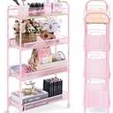 KINGRACK 4-Tier Slim Rolling Cart with Wooden Tabletop, Easy Assemble Metal Utility Cart, Slide Out Narrow Storage Cart for Narrow Space on Bedroom Bathroom Laundry Room Apartments Dormitory, Pink