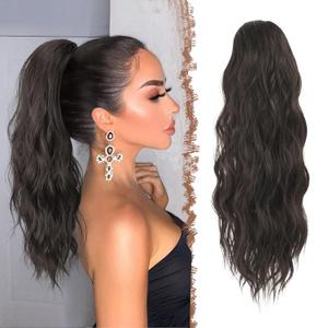FESHFEN Ponytail Extensions - Drawstring Ponytails Hair Extension Long Curly Wavy Hair Piece Synthetic Brown Pony Tail Hairpieces for Women, Dark Brown 18 inch