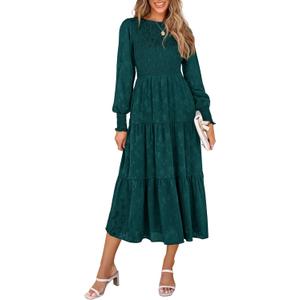 PRETTYGARDEN Women's Fall Spring Midi Dress Long Sleeve Floral Smocked Elegant Wedding Guest Long Flowy Dresses with Pockets (Medium, Malachite Green)