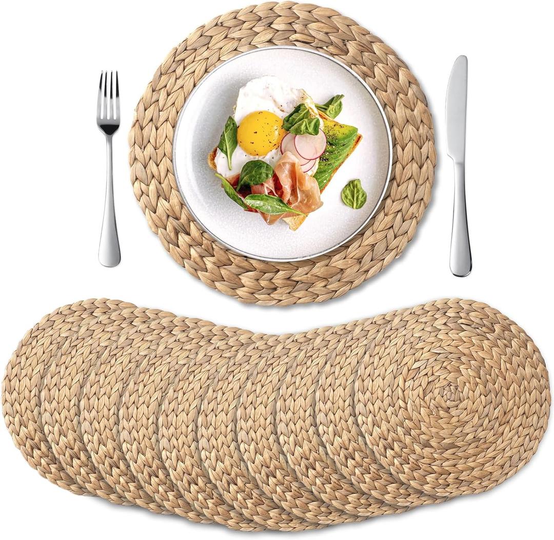 10 Pack, Round Woven Placemats, Natural Water Hyacinth Place mats, Braided Straw Table Mats for Dining Table, Christmas Placemats (13.8 inch)