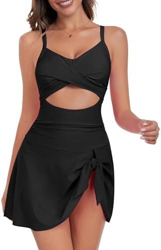 ZAFUL Women One Piece Swimdress Tummy Control Bathing Suit Push Up Swimsuit Modest Swimwear Cutout V Neck Cute Tie Knot Skirt, L