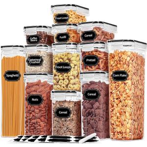 PRAKI Airtight Food Storage Containers with Lids, 12PCS Plastic Kitchen Storage Containers for Pantry Organizers and Storage - Cereal, Rice, Flour and Sugar Containers with Labels & Marker (Black-12 Piece)