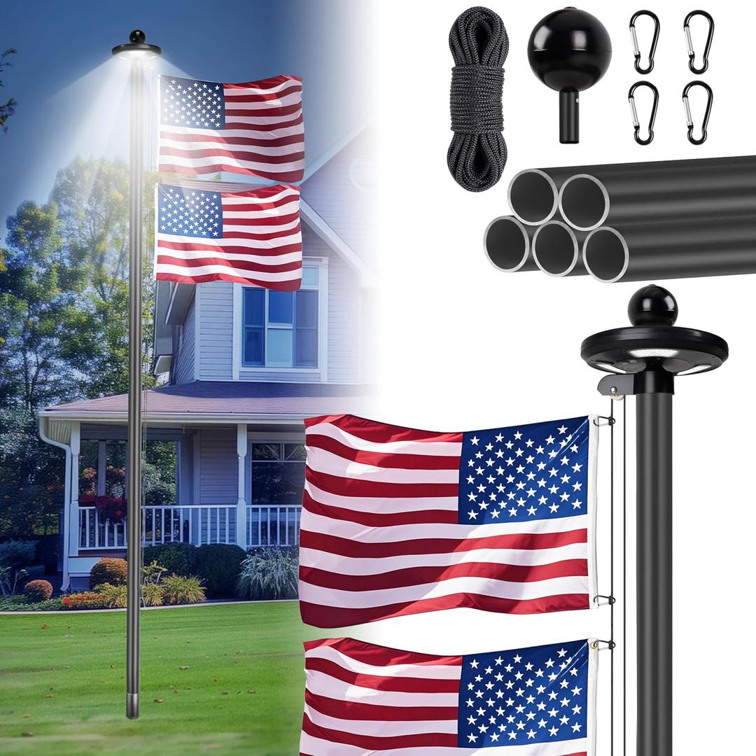 Thickened 11-Guage 25FT Heavy Duty Flag Pole with 128 Led Solar Light Powered, 120MPH Wind Tested, an Embroidered Flag, Fits Residential & Yard applications, Outside House InGround. (Sectional / 25FT / 2.3mm / 11 Gauge Aluminium)