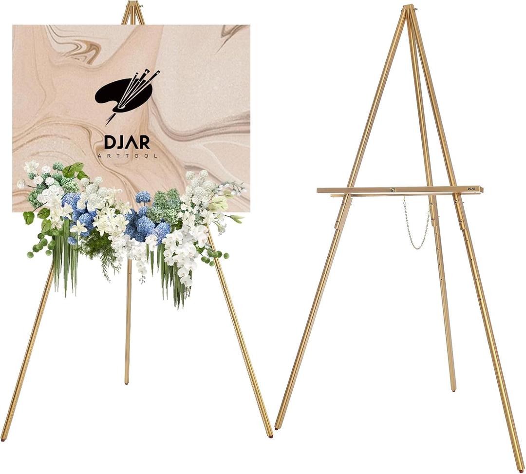 DJAR 63" Wooden Easel Stand for Sign, Dual-use Adjustable Height, Wood Floor Display Easel for Wedding, Welcome Board, Poster, Picture, Photo- Gold (1pc)
