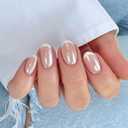 French Tip Press On Nails Short Round Oval No Glue, Nude White Tips, Chrome Glazed Short Round Oval Fake False Press on Nails, Reusable Soft Stick on nail Press ons with Nail Kit, Salon-quality