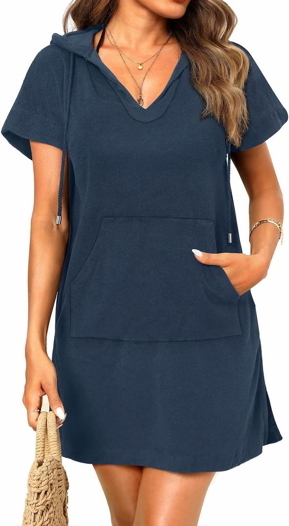 Pinup Fashion Terry Cloth Swimsuit Cover Up Women Hooded Cotton Cover with Pocket (Large, Navy Blue)