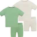 JunNeng Bamboo Viscose Toddler Pajamas,Baby Boy Girl Solid Snug Fit Short Sleeve Summer Sleepwear PJS (12-24 Months, Green+grey)