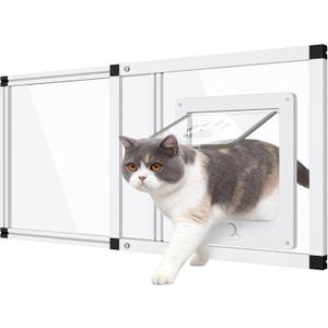 Sliding Cat Door for Window, Fits 32"-37" Width Window, 1-Min Install | Aluminum Frame + HD Glass | Weatherproof Design | Magnetic Closure Window Cat Door Insert, Adjustable Pet Door Window for Cats