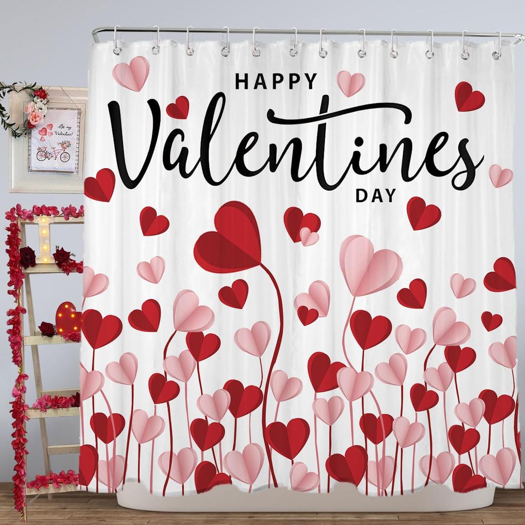 Valentine Shower Curtain, 72"X72", Heart Valentine Bathroom Decor Set with Hooks