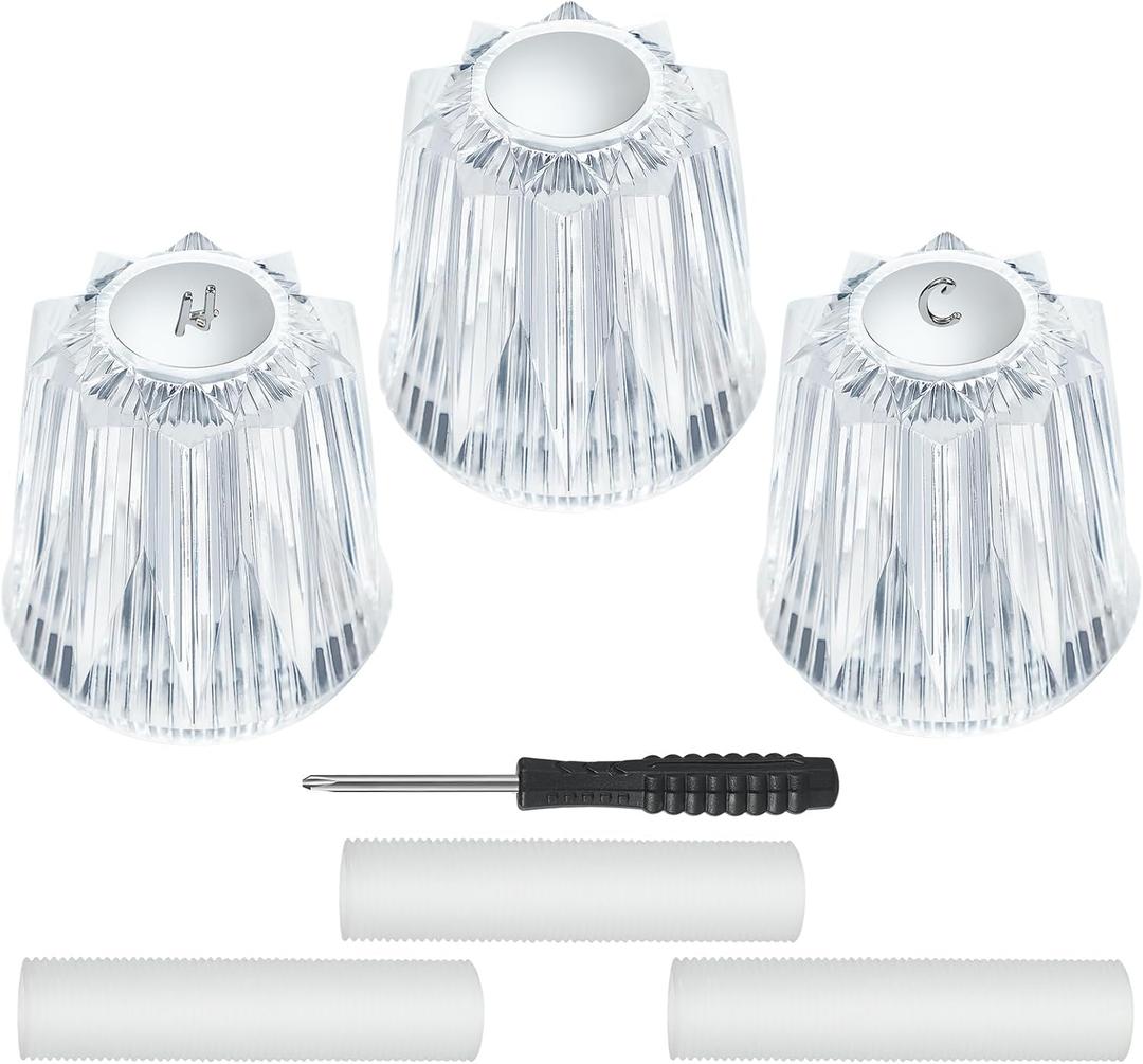 3 Piece Shower Knobs Replacement, Compatible with Price Pfister Windsor Tub and Shower Faucets, 12 Point Broach, Hot/Cold and Diverter Shower Handles Replacement (Clear Acrylic)