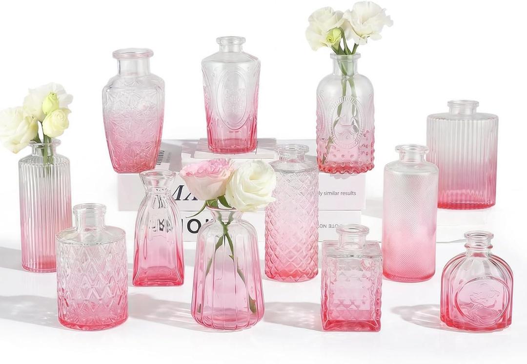 RUCKAE 12 Pack Glass Bud Vases Mini Flower Vase Small Vintage Vases for Centerpiece Table Wedding Decorations Home Decor Party (Gradient Pink)