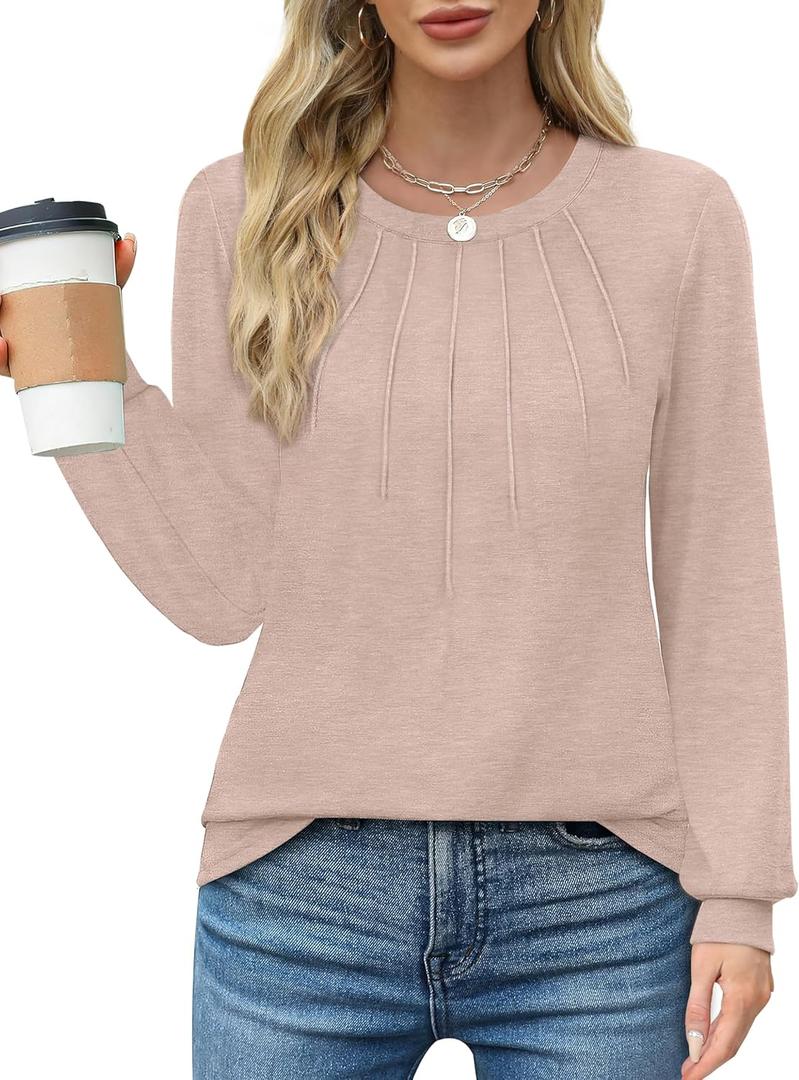 WIHOLL Womens Tunic Tops Loose Fit Long Sleeve Pleated Shirts Crewneck Tops (White, XL)