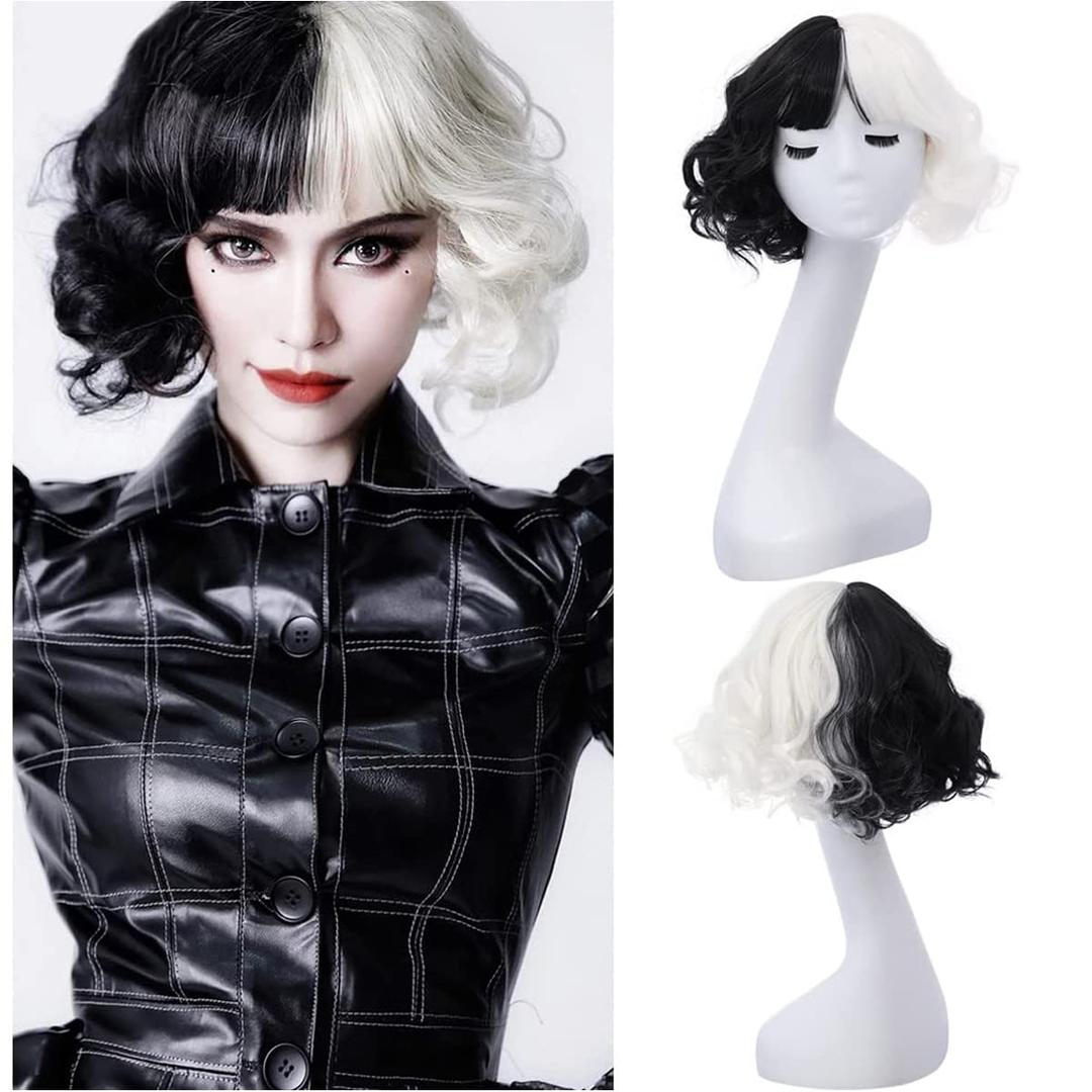 MAGQOO Half Black White Wig with Bangs Women Short Curly Wavy Wig Black and White Hair Wigs Halloween Cosplay Costume Party Wig