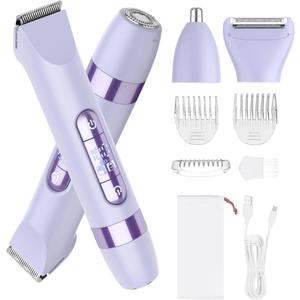 Hatteker 4-in-1 Women's Electric Razor, Dual-Head Body Hair Trimmer for Women, IPX7 Waterproof Rechargeable Bikini Trimmer & Facial Hair Remover for Legs, Armpits, Face, Nose, Eyebrows, Purple