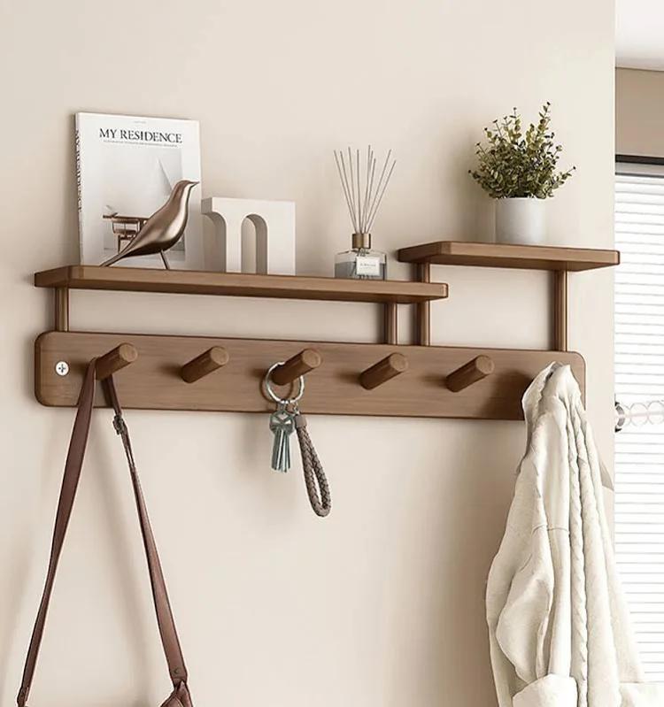 supbambgo 24'' wall mounted coat hooks with dual shelves, 6 pegs coat hanger, entryway organizer with wall hooks for coats, hats, keys, and bags, bamboo