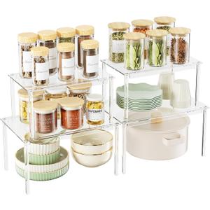 Delamu Clear Kitchen Cabinet Organizer, Set of 4 Acrylic Shelves Organizer for Kitchen Pantry Organizers and Storage, Stackable Cabinet Organizer Shelf for Plate & Dish, 11.7" D x 7.7" W x 6.3" H